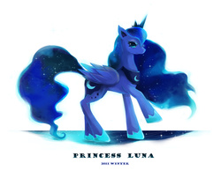 Size: 1154x894 | Tagged: safe, artist:blackywolfer, princess luna, alicorn, pony, g4, crown, ethereal mane, female, folded wings, jewelry, raised hoof, regalia, slender, solo, starry mane, starry tail, tail, thin, wings