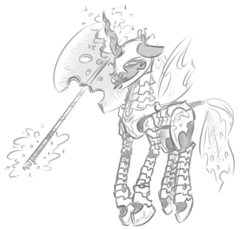 Size: 1051x962 | Tagged: safe, artist:nobody, queen chrysalis, changeling, changeling queen, g4, armor, axe, female, magic, monochrome, sketch, solo, telekinesis
