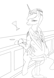 Size: 1181x1706 | Tagged: safe, artist:nobody, princess luna, g4, alternate hairstyle, bar, bedroom eyes, clothes, female, lineart, looking at you, magic, martini, monochrome, sitting, solo, suit, telekinesis