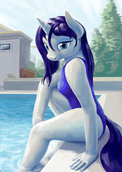 Size: 1400x1980 | Tagged: safe, artist:dahtamnay, rarity, anthro, g4, clothes, female, one-piece swimsuit, smiling, solo, swimming pool, swimsuit, wet, wet mane, wet mane rarity