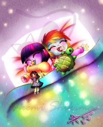 Size: 979x1200 | Tagged: safe, artist:shikimaakemi, rainbow dash, smarty pants, twilight sparkle, turtle, equestria girls, g4, baby, baby dash, babylight sparkle, bed, blanket, cute, dashabetes, doll, female, obtrusive watermark, pacifier, photo, plushie, toy, twiabetes, watermark, weapons-grade cute, younger