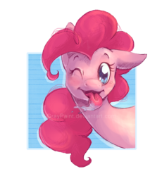 Size: 947x1110 | Tagged: safe, artist:graypaint, pinkie pie, g4, against glass, drool, female, glass, licking, looking at you, solo, tongue out, wink