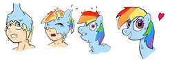 Size: 1024x386 | Tagged: safe, artist:mutrio, rainbow dash, goo, human, pegasus, pony, g4, floating heart, grin, gritted teeth, heart, human to pony, male to female, one eye closed, open mouth, rule 63, simple background, slime, smiling, solo, transformation, transformation sequence, transgender transformation