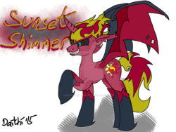 Size: 900x675 | Tagged: safe, anonymous artist, sunset shimmer, pony, g4, evil smile, female, grin, ponified, raised hoof, signature, simple background, smiling, solo, spread wings, sunset satan, transparent background, watermark, wings