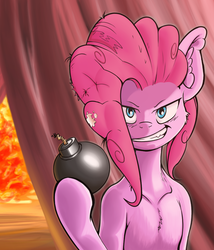 Size: 875x1024 | Tagged: safe, artist:kerslap, pinkie pie, g4, bomb, evil smile, female, fire, insanity, solo, this will end in tears