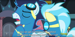 Size: 1920x950 | Tagged: safe, screencap, misty fly, soarin', pony, g4, my little pony: friendship is magic, rarity investigates, meme, steven spielberg, youtube caption