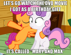 Size: 594x461 | Tagged: safe, edit, edited screencap, screencap, scootaloo, sweetie belle, pegasus, pony, unicorn, g4, sleepless in ponyville, bipedal, caption, cropped, duo, duo female, eyes closed, female, filly, mary and max, meme, open mouth, this will end in tears