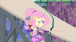 Size: 938x523 | Tagged: safe, screencap, fluttershy, sour sweet, equestria girls, g4, my little pony equestria girls: friendship games, animated, archery, arrow, bow (weapon), bow and arrow, female, weapon