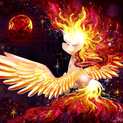 Size: 2449x2449 | Tagged: safe, artist:mapony240, princess celestia, g4, female, fire, glowing eyes, high res, mane of fire, solo, space, spread wings, sun