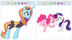 Size: 608x343 | Tagged: safe, pinkie pie, rarity, sassy saddles, derpibooru, g4, exploitable meme, juxtaposition, juxtaposition win, meme, meta