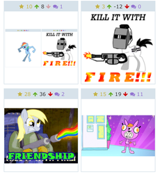 Size: 639x687 | Tagged: safe, derpy hooves, rainbow dash, pegasus, pony, derpibooru, g4, clothes, costume, exploitable meme, female, juxtaposition, juxtaposition fail, juxtaposition win, kill it with fire, mare, meme, meta, pretty pretty pegasus, raven (dc comics), teen titans go