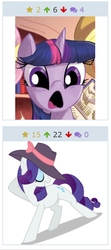 Size: 387x871 | Tagged: safe, rarity, twilight sparkle, derpibooru, g4, my little pony: friendship is magic, rarity investigates, exploitable meme, juxtaposition, juxtaposition win, meme, meta