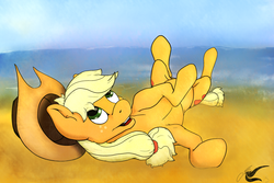 Size: 3600x2400 | Tagged: safe, artist:sidhenearlahi, applejack, g4, beach, both cutie marks, female, high res, horses doing horse things, on back, rolling, solo