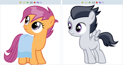 Size: 509x270 | Tagged: safe, artist:sofunnyguy, rumble, scootaloo, derpibooru, g4, colt, exploitable meme, female, filly, foal, juxtaposition, juxtaposition win, male, meme, meta, nose wrinkle, rumble gets all the fillies, ship:rumbloo, shipping, straight, towel, wet, wet mane