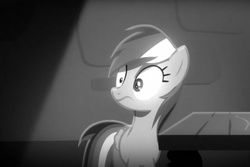 Size: 867x578 | Tagged: safe, screencap, rainbow dash, g4, rarity investigates, black and white, faic, female, grayscale, monochrome, solo