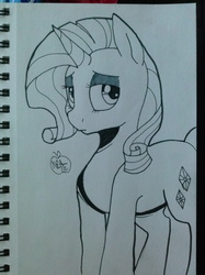 Size: 1280x1707 | Tagged: safe, artist:notenoughapples, rarity, g4, female, looking at you, monochrome, notepad, sketch, solo, traditional art