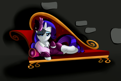 Size: 6000x4000 | Tagged: safe, artist:wilshirewolf, rarity, pony, unicorn, g4, rarity investigates, absurd resolution, bowtie, clothes, couch, detective, draw me like one of your french girls, dress, fainting couch, female, mare, noir, on side, smiling, solo, that was fast