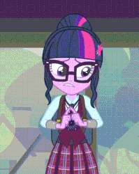 Size: 572x720 | Tagged: safe, screencap, sci-twi, twilight sparkle, equestria girls, g4, my little pony equestria girls: friendship games, adorkable, animated, awkward, beautiful, clothes, cute, dork, female, glasses, grin, looking at you, magic capture device, smiling, solo, talking, twiabetes