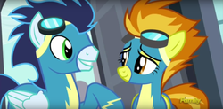 Size: 700x343 | Tagged: safe, screencap, soarin', spitfire, pegasus, pony, g4, rarity investigates, cute, eye contact, goggles, shipping in the description, shipping war in the comments, wonderbolts, wonderbolts uniform