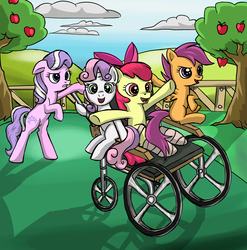 Size: 3500x3540 | Tagged: safe, artist:robin jacks, apple bloom, diamond tiara, scootaloo, sweetie belle, pegasus, pony, unicorn, g4, bloom county, broken leg, cutie mark crusaders, female, filly, high res, this can only end well, wheelchair