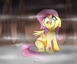 Size: 1024x853 | Tagged: safe, artist:naminzo, fluttershy, g4, bruised, crying, female, filly, floppy ears, fog, frown, looking up, nightmare, open mouth, solo, spread wings