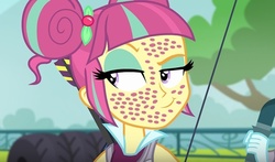 Size: 813x479 | Tagged: safe, edit, screencap, sour sweet, equestria girls, g4, my little pony equestria girls: friendship games, :t, female, freckles, nightmare fuel, raised eyebrow, smirk, solo, trypophobia