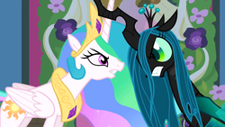 Size: 1280x720 | Tagged: safe, screencap, princess celestia, queen chrysalis, alicorn, changeling, changeling queen, pony, a canterlot wedding, g4, season 2, angry, duo, duo female, female, looking at each other, looking at someone, mare