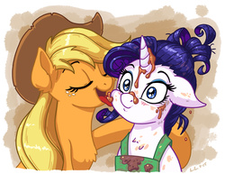 Size: 1650x1275 | Tagged: safe, artist:latecustomer, applejack, caramel, rarity, earth pony, pony, unicorn, g4, barista, blushing, chest fluff, eyes closed, face licking, female, hat, lesbian, licking, mare, open mouth, ship:rarijack, shipping, style emulation, tongue out