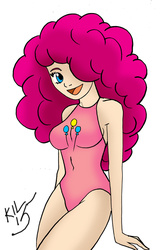 Size: 1024x1572 | Tagged: safe, artist:koku-chan, pinkie pie, human, g4, belly button, clothes, cutie mark on clothes, female, humanized, one-piece swimsuit, solo, swimsuit