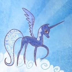 Size: 527x527 | Tagged: safe, screencap, princess luna, alicorn, pony, friendship is magic, g4, cloud, female, hooves, horn, mare, on a cloud, pointy ponies, raised hoof, s1 luna, solo, spread wings, standing on a cloud, storybook, wings