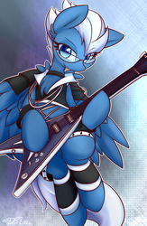 Size: 1250x1920 | Tagged: safe, artist:dshou, night glider, oc, oc only, pegasus, pony, g4, abstract background, bracelet, chest fluff, clothes, colored pupils, electric guitar, female, flying v, glasses, guitar, jewelry, leg warmers, looking at you, mare, musical instrument, pegasus oc, shirt, solo, spread wings, wings