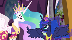 Size: 1280x720 | Tagged: safe, screencap, princess celestia, princess luna, alicorn, pony, g4, magical mystery cure, celestia's ceremonial crown, clothes, coronation dress, crown, dress, duo, eye contact, female, flowing mane, jewelry, looking at each other, luna's ceremonial crown, regalia, royal sisters, siblings, sisters, smiling, spread wings, stained glass, wings