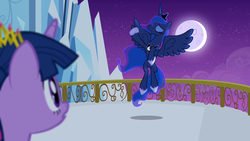 Size: 1280x720 | Tagged: safe, screencap, princess luna, twilight sparkle, alicorn, pony, g4, twilight's kingdom, female, mare, twilight sparkle (alicorn)