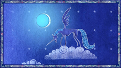 Size: 1280x720 | Tagged: safe, screencap, princess luna, alicorn, pony, friendship is magic, cloud, crescent moon, female, heart, hooves, horn, mare, moon, night, night sky, on a cloud, s1 luna, sky, solo, spread wings, standing on a cloud, stars, storybook, wings