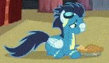 Size: 155x90 | Tagged: safe, screencap, blaze, soarin', pony, g4, rarity investigates, animated, aweeg*, eating, food, gif, gif for breezies, goggles, male, nom, picture for breezies, pie, prone, solo, that pony sure does love pies, wonderbolts uniform