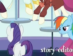 Size: 480x368 | Tagged: safe, screencap, rainbow dash, rarity, pony, g4, rarity investigates, butt, eyes on the prize, female, looking at butt, mare, plot, rearity