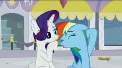 Size: 1920x1080 | Tagged: safe, screencap, rainbow dash, rarity, g4, my little pony: friendship is magic, rarity investigates, discovery family logo, imminent boop, sunscreen