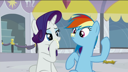 Size: 1920x1080 | Tagged: safe, screencap, rainbow dash, rarity, g4, my little pony: friendship is magic, rarity investigates, discovery family logo, nose wrinkle, sunscreen, surprised