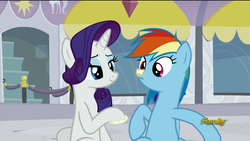 Size: 1920x1080 | Tagged: safe, screencap, rainbow dash, rarity, g4, my little pony: friendship is magic, rarity investigates, discovery family logo, nose wrinkle, sunscreen, surprised