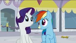 Size: 1920x1080 | Tagged: safe, screencap, rainbow dash, rarity, g4, rarity investigates, discovery family logo, smiling, sunscreen