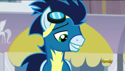 Size: 1920x1080 | Tagged: safe, screencap, soarin', pony, g4, rarity investigates, discovery family logo, goggles, male, smiling, solo