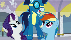 Size: 1920x1080 | Tagged: safe, screencap, rainbow dash, rarity, soarin', pony, g4, rarity investigates, season 5, discovery family logo, goggles, smiling, sunscreen, surprised