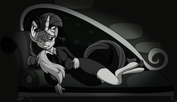 Size: 3800x2200 | Tagged: safe, artist:novaspark, rarity, anthro, g4, rarity investigates, bedroom eyes, black and white, clothes, couch, detective, draw me like one of your french girls, dress, fainting couch, female, grayscale, high res, monochrome, on side, smiling, solo