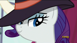Size: 1920x1080 | Tagged: safe, screencap, rarity, pony, g4, rarity investigates, season 5, close-up, detective, detective rarity, discovery family logo, female, hat, lidded eyes, mare, smiling, solo