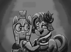 Size: 4200x3100 | Tagged: safe, artist:thefloatingtree, noble crest, rarity, pony, unicorn, g4, rarity investigates, grayscale, monochrome, royal guard, scene interpretation