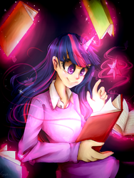 Size: 768x1024 | Tagged: safe, artist:iponylover, twilight sparkle, human, g4, clothes, female, horn, horned humanization, humanized, magic, solo