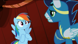 Size: 1920x1080 | Tagged: safe, screencap, rainbow dash, soarin', pony, g4, rarity investigates, discovery family logo