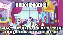 Size: 1520x854 | Tagged: safe, screencap, rainbow dash, rarity, sassy saddles, g4, rarity investigates, canterlot carousel, image macro, meme