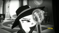 Size: 1920x1080 | Tagged: safe, screencap, rarity, g4, rarity investigates, discovery family logo, female, grayscale, magnifying glass, monochrome, solo, tongue out