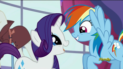 Size: 1920x1080 | Tagged: safe, screencap, rainbow dash, rarity, g4, rarity investigates, discovery family logo, eye contact, flying, grin, happy, open mouth, smiling